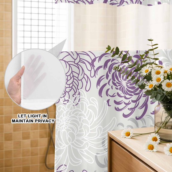 No Hook Shower Curtain with Built-in Rings - Purple Grey White Floral Washable Waterproof Fabric Bathroom Curtains for Hotel,Rentals, Stall 36 X 72 Inch , Abstract Flower Texture
