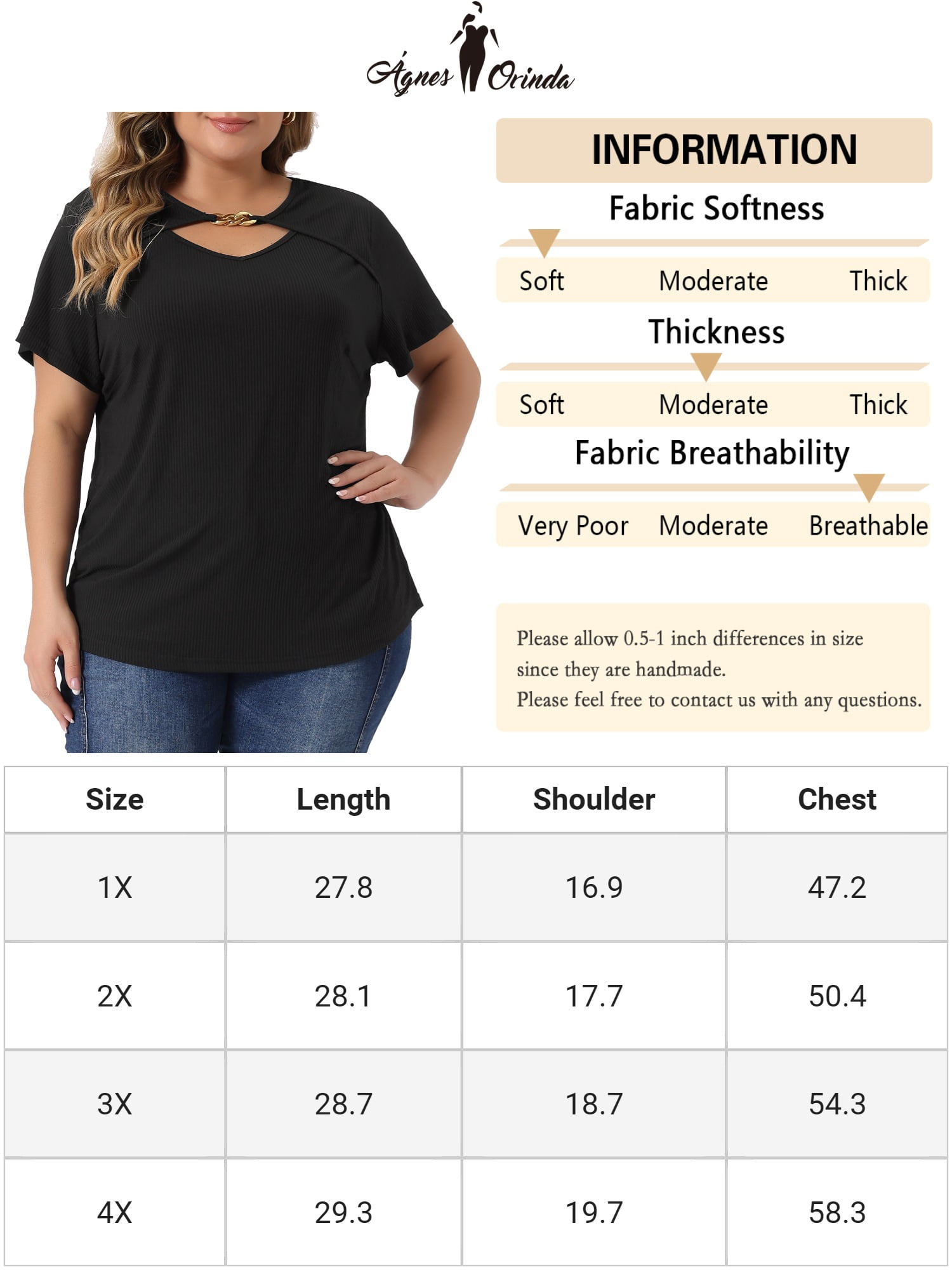 Unique Bargains Women's Plus Size Basic Top Short Sleeve Metal Chain Front T-Shirts 1X Black
