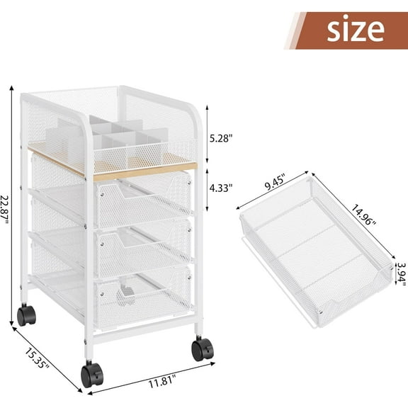 Rolling Makeup Cart Organizer with 3 Drawers, 4-Tier Narrow Floor Skincare Organizers with dividers, Vanity Organizer Cosmetics Display Cases for Makeup Brush, Hair Tool, White
