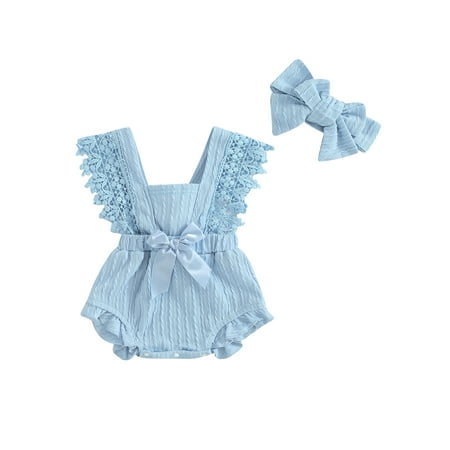 

FEORJGP Infant Newborn Baby Girls Summer Lace Romper Sleeveless Ruffle Trim Jumpsuit Bow Decorated Bodysuit with Headband Cute Sweet Clothes Set