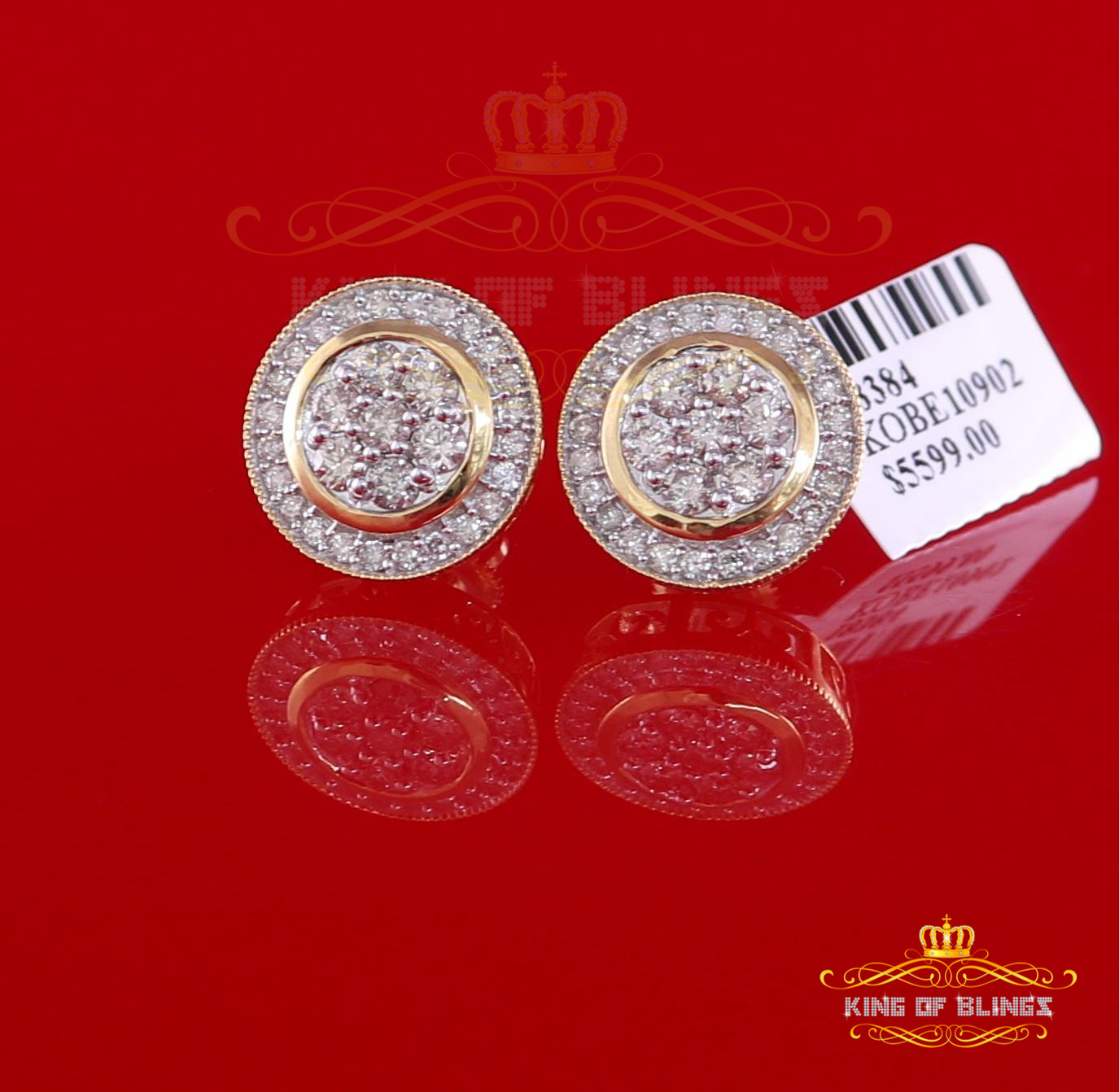 King of Bling's 10K Real Yellow Gold Real Diamond 1.66CT Men's/Women's Stud Round Earring