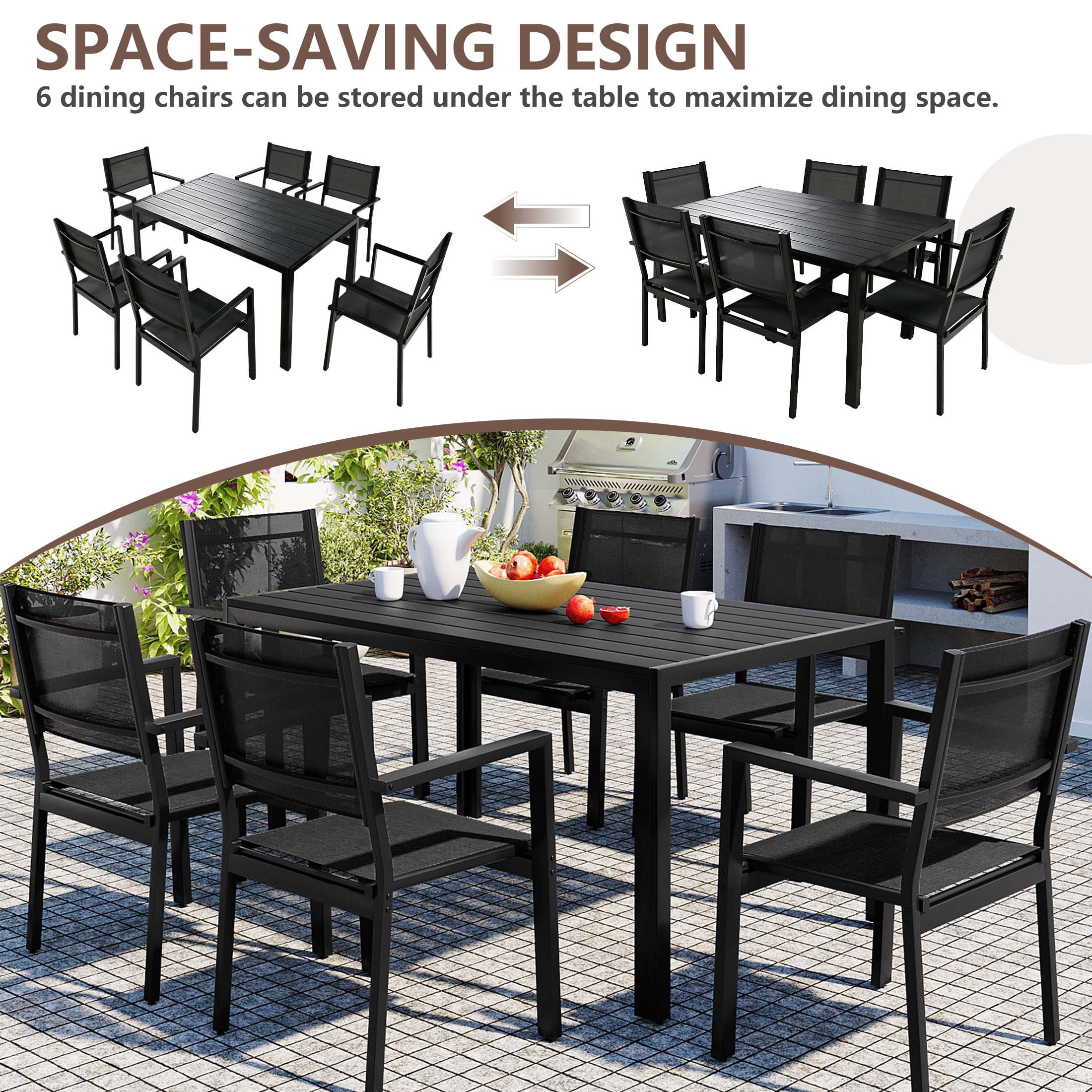 7 Piece Outdoor Dining Set, Patio Dining Table Set for 6 Persons, Garden Patio Textilene Dining Furniture Set with Plastic-Wood Tabletop, Dining Table Chairs Conversation Set for Deck Patio