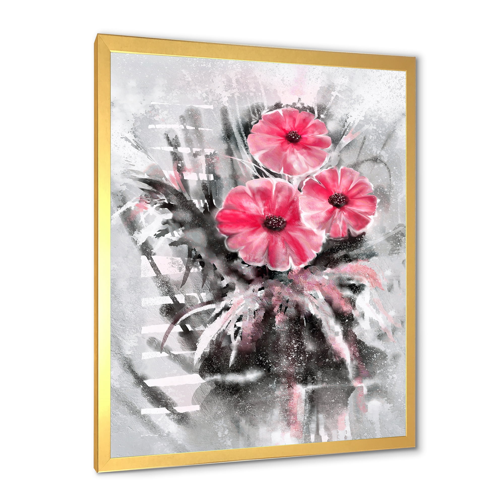 Designart 'Abstract Red Flowers On Gray Background' Traditional Framed Art Print