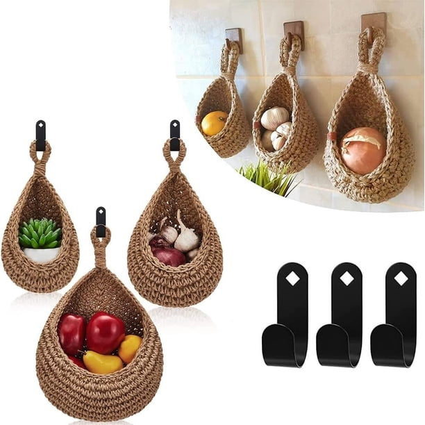 Cesta colgante de yute estilo bohemio, soporte para macetas de pared para una decoración y almacenamiento versátiles, organizador de cocina decorativo tejido a mano y contenedor de verduras (estilo