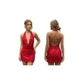 thumbnail image 3 of Vestido corto de mujer con escote halter y pedrería, ideal para el verano. Vestido floral sin mangas y con espalda descubierta., 3 of 6