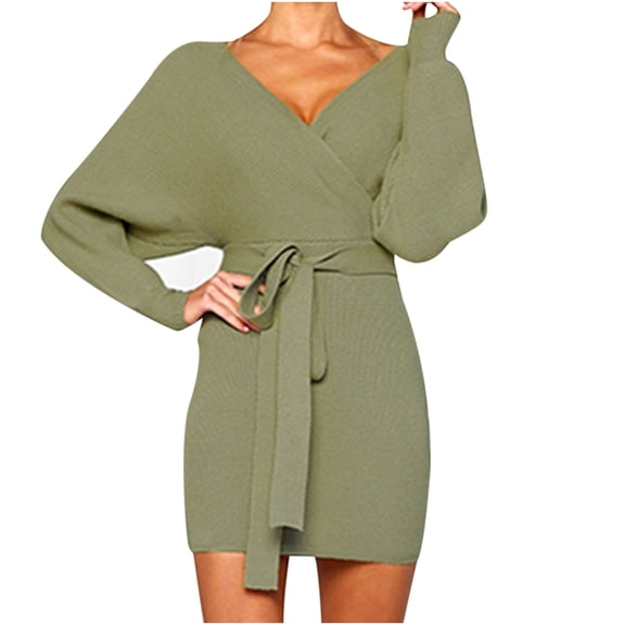 FRSASU Dresses for Women Solid Color Lace Up V Neck Bag Hip Long Sleeved Dress