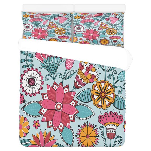 FMSHPON 3 Piece Bedding Set Cute Flowers Butterflies Twin Size Duvet Cover with 2 Pillowcase for Home Bedding Room Decoration