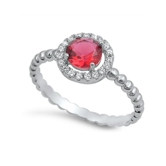 Round Cut Simulated Ruby Cubic Zirconia Solitaire Ring Sterling Silver 925