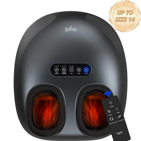 MYNT Shiatsu Foot Massager, Fits Up to Men Size 14, Kneading & Rolling, Air Compression, Wireless Remote, Black
