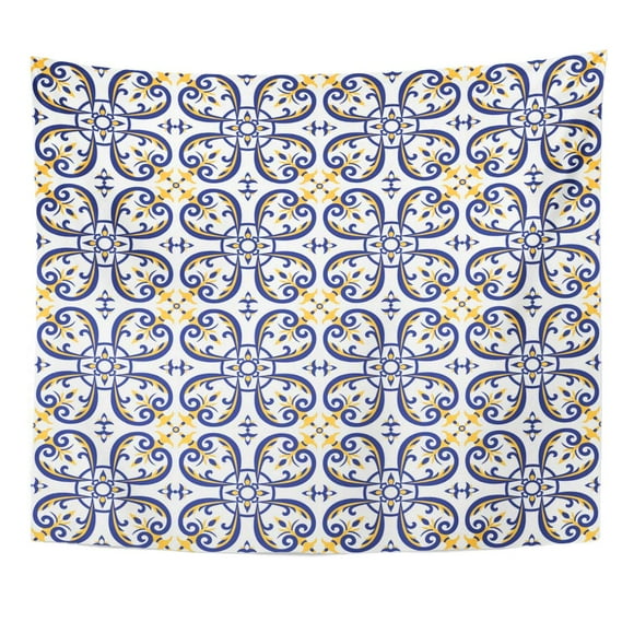 JSDART Tiles with Blue Yellow and White Ornaments Portuguese Azulejos Talavera Italian Majolica Spanish Wall Art Hanging Tapestry Home Decor for Living Room Bedroom Dorm 51x60 inch