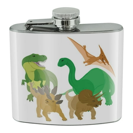 

Dinosaurs Hanging Out Tyrannosaurus Rex Triceratops Stegosaurus Brontosaurus Stainless Steel 5oz Hip Drink Kidney Flask