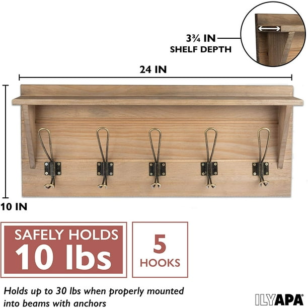Wall Mounted Coat Rack Shelf, Espresso Wooden Coat Hook Shelf - 38