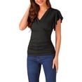 thumbnail image 4 of Blusa Faux Wrap Inspire Chic para Mujer, Blusa Casual de Verano con Cuello en V y Mangas con Volantes, Talla M, Color Negro, 4 of 6