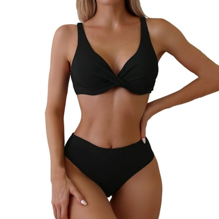 Womens Swimsuits Solid Color Sexy Strappy Push Up Bra And Panty Set Two Piece Vintage Tankini Swimsuits For Women Swimwears Beachwear Black L