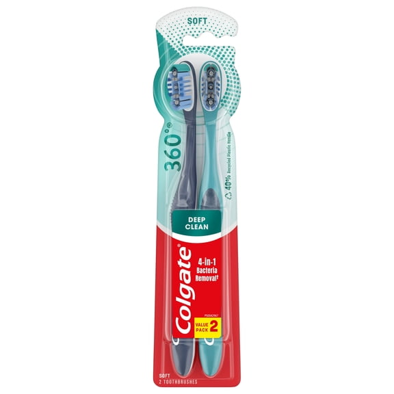 Colgate 360 Whole Mouth Clean Adult Toothbrush Value Pack, Soft, 2 Ea