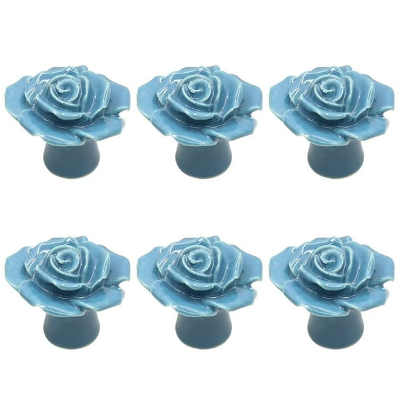 HDJNal Antique Rose Flower Cabinet Knobs, 6pcs Vintage Ceramics Handles Decorative Drawer Handle Knobs for Dresser Cabinet with Mounting Screws (Blue)