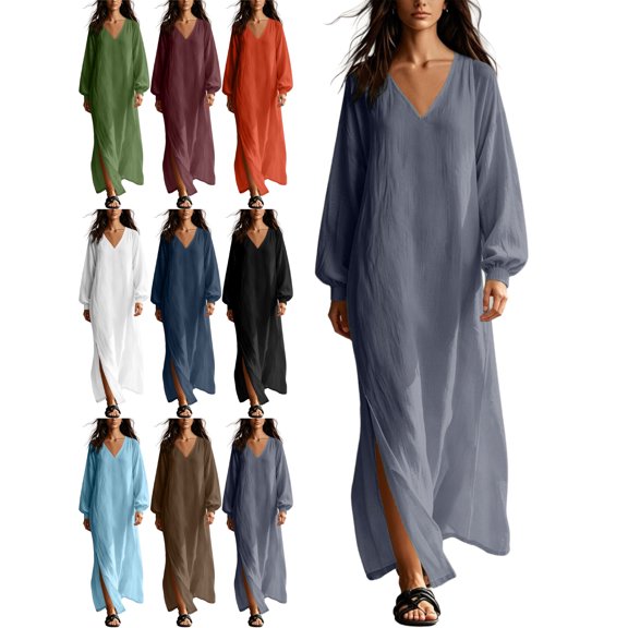 Women's Casual Maxi Dress V Neck Long Sleeve Loose Fit Solid Color Side Slit Vacation Dress