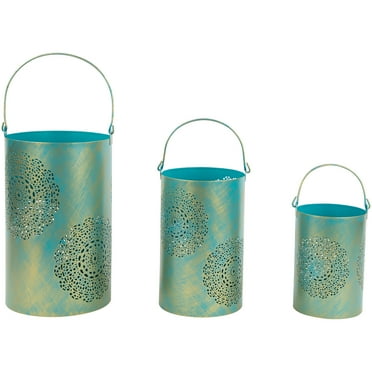 Set of 3 Turquoise Blue and Gold Decorative Floral Cut-Out Pillar Candle Lanterns 10"