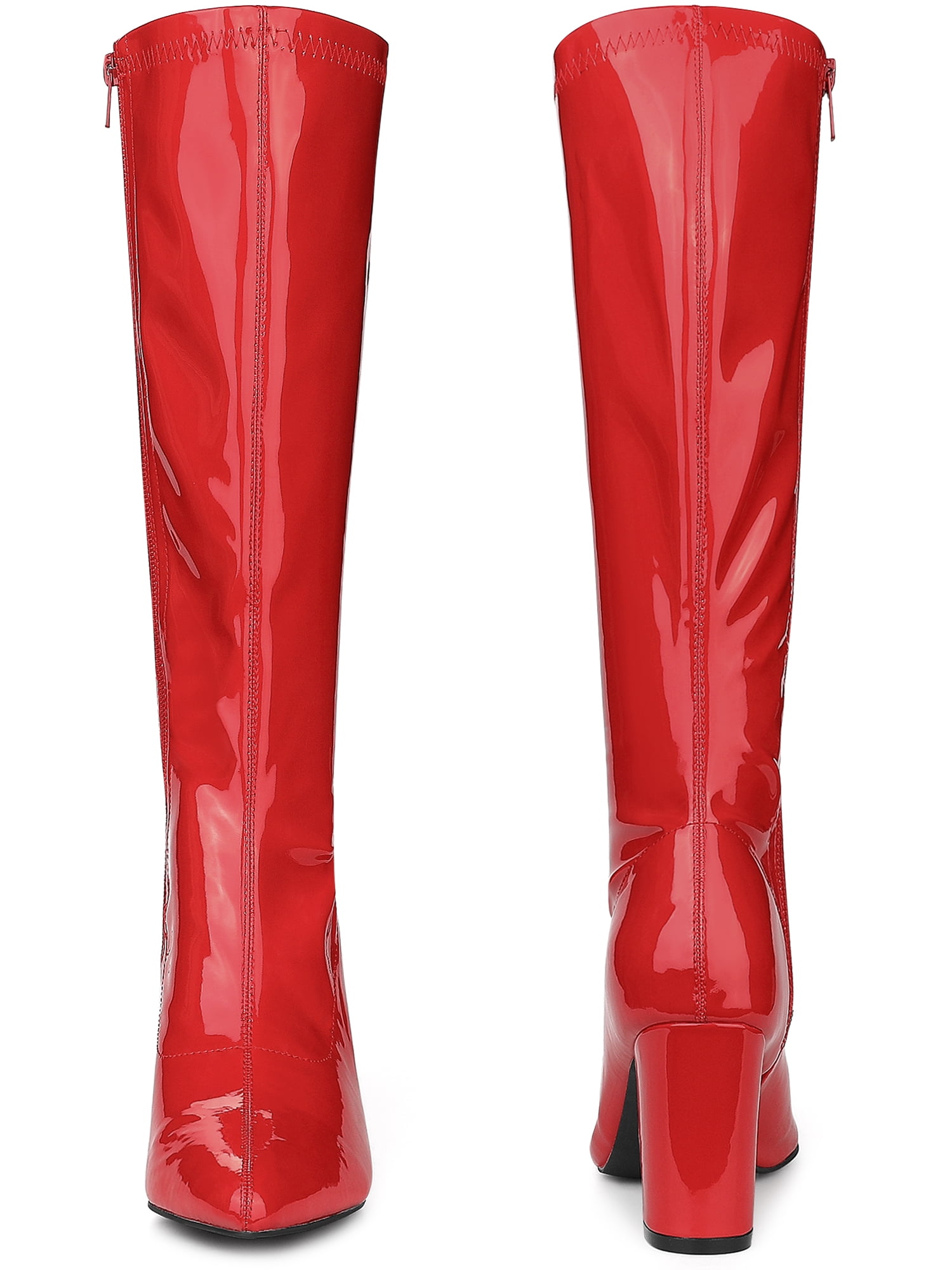 DARING DIVA Women's Go Go Boot Patent Leather Chunky Heels Knee High Boots Orange Red 7