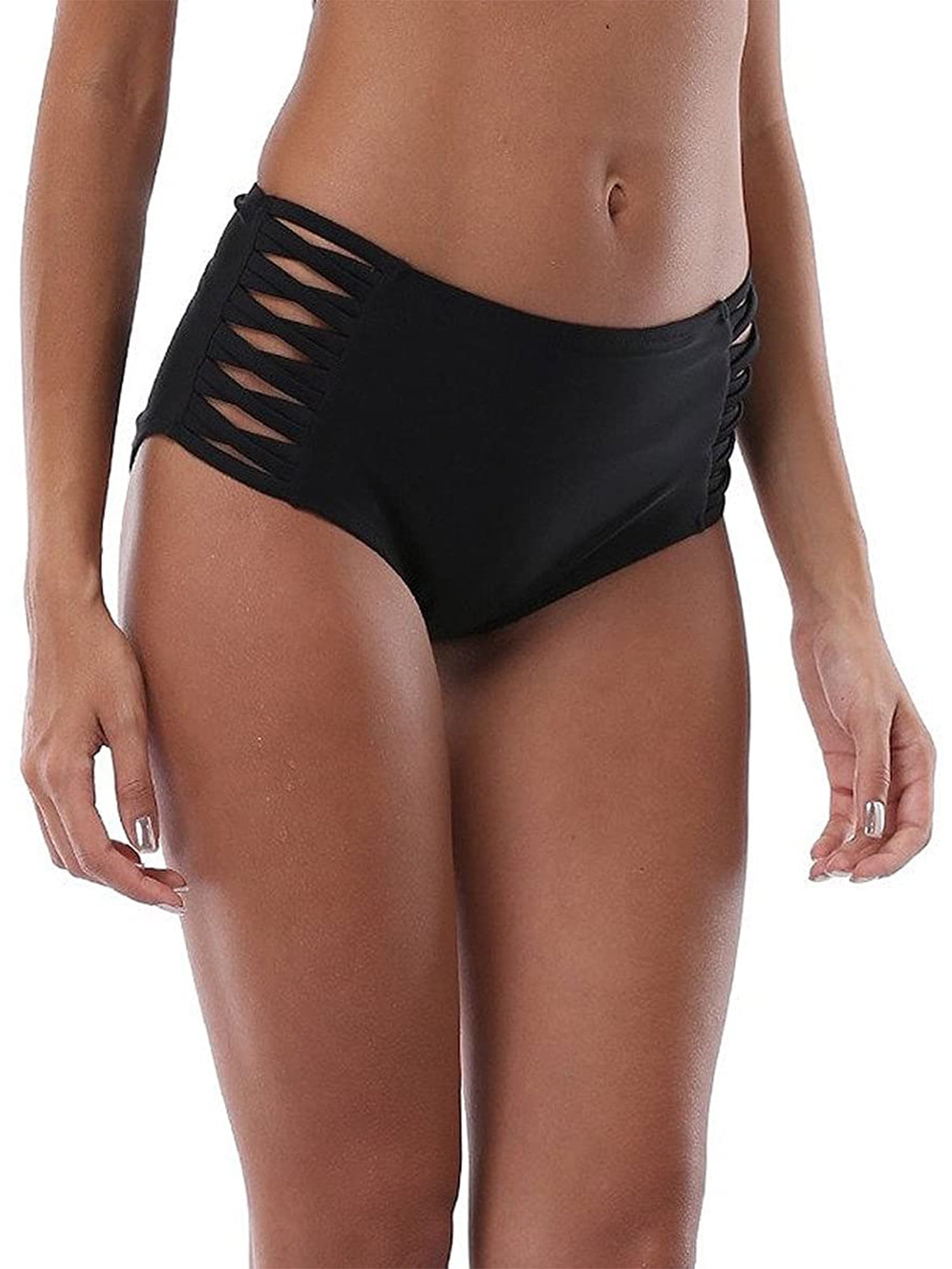 Solid Ruched Bikini Bottoms for Women High Cut Black Swimsuit Bottoms