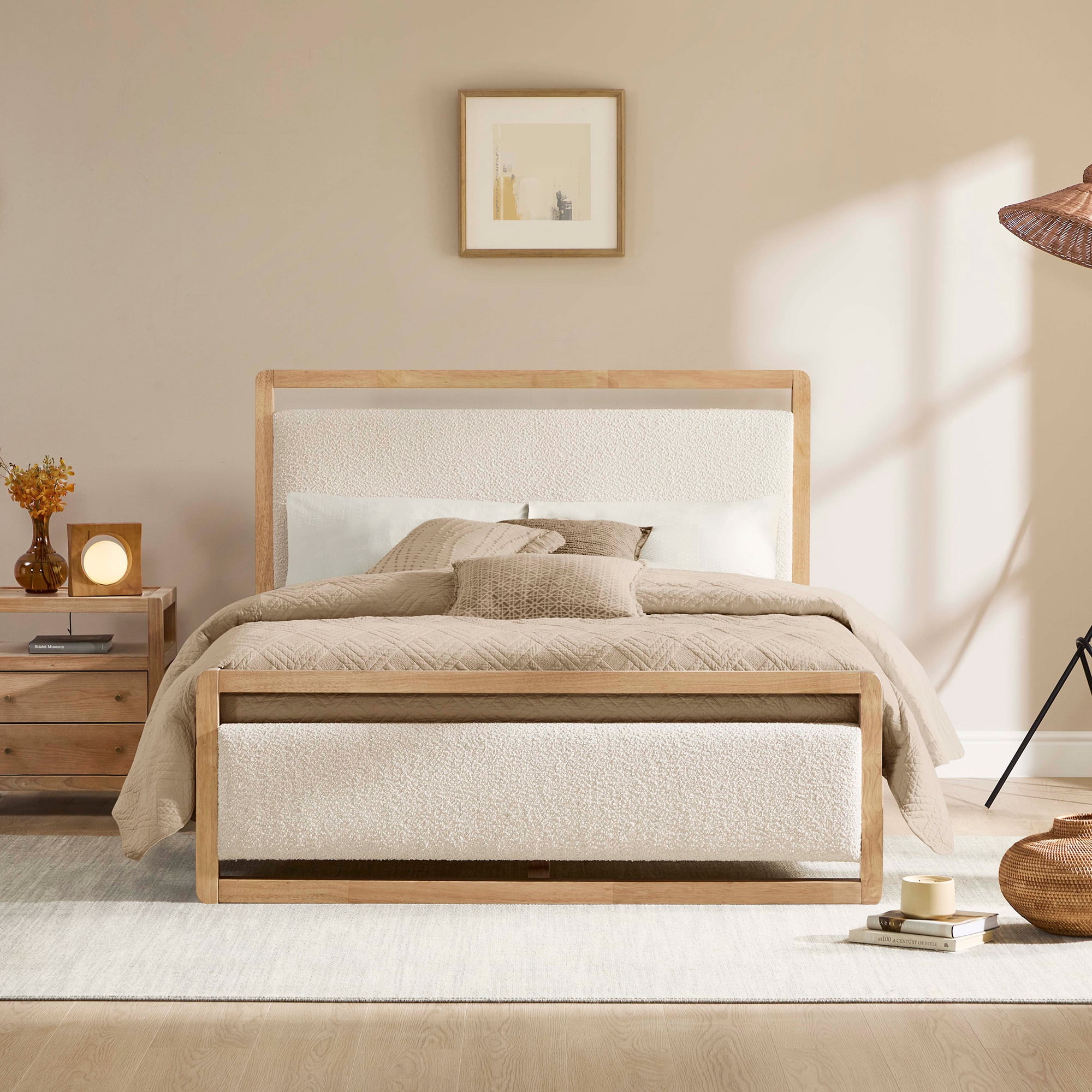 Spruce & Spring Modern Upholstered Platform Bed Frame with USB and Type-C Charging Khaki, Full