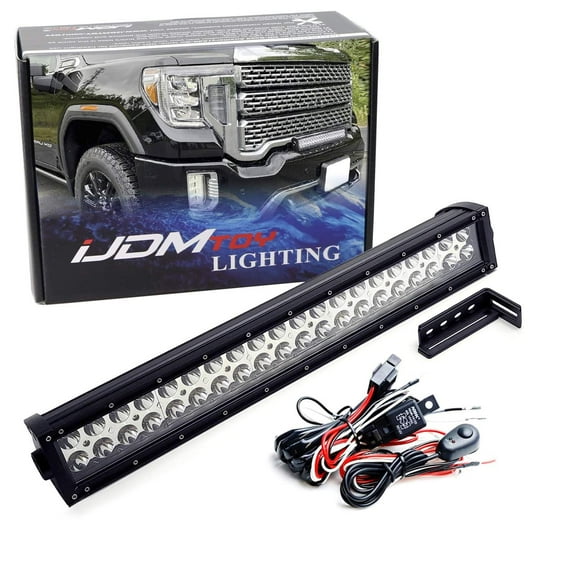Grille/Bumper Edge Mount 20-Inch LED Light Bar Kit, For 2020-up GMC Sierra 2500 3500, Includes 120W Double-Row LED Lightbar, Mounting Brackets, On/Off Switch Relay Wiring Kit