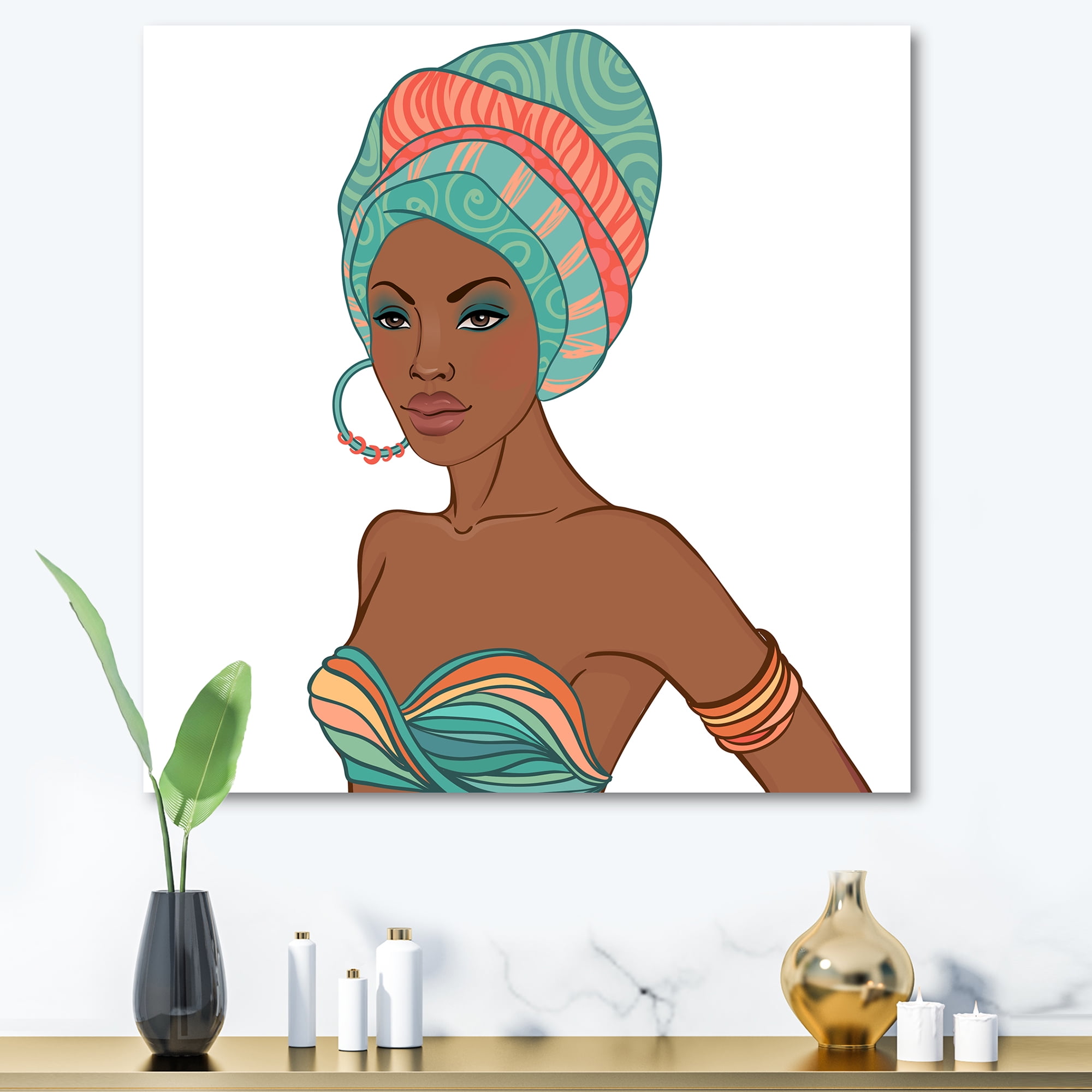 Designart ' African American Woman With Turban and Earring ' Modern Canvas Wall Art Print
