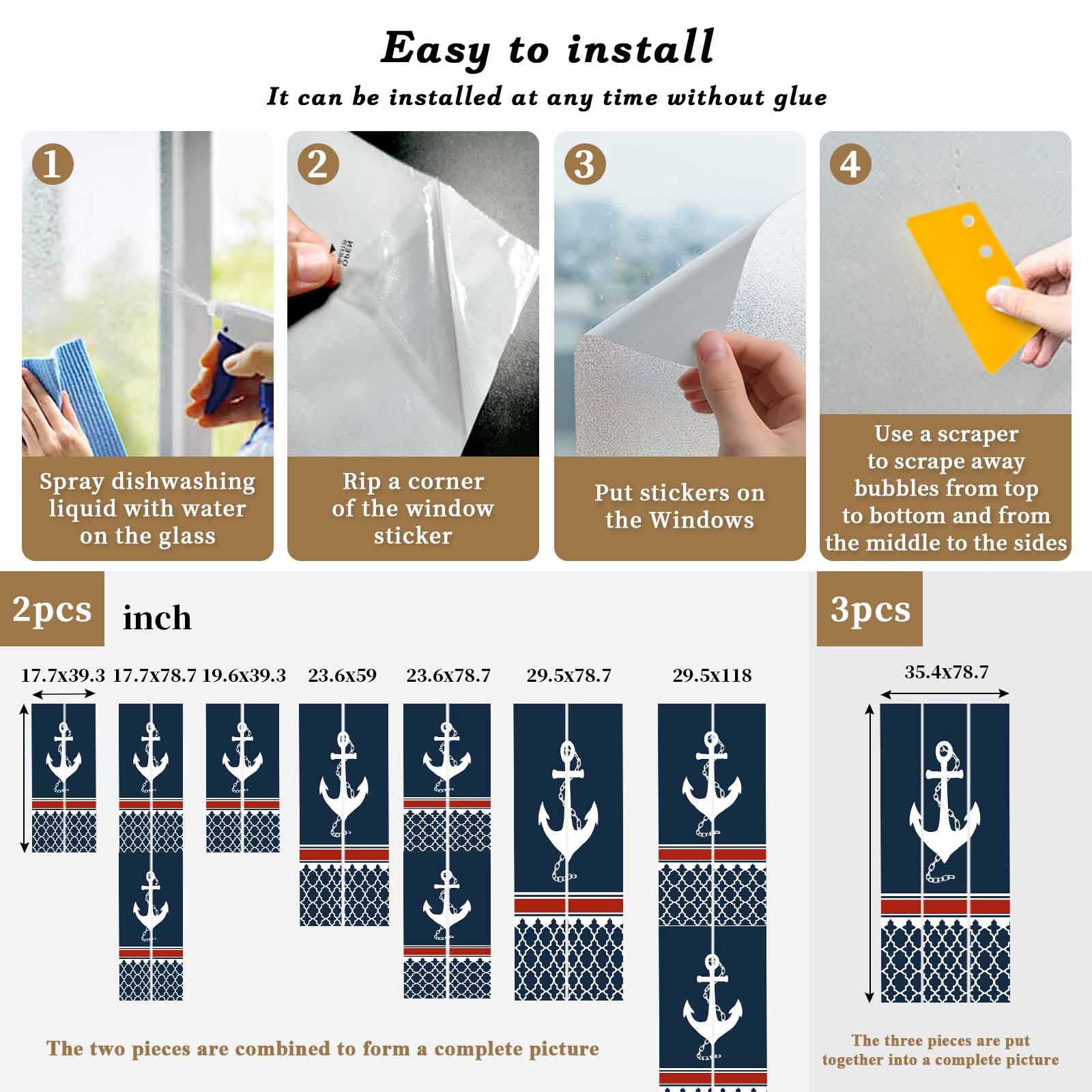 Nautical Anchorage Window Privacy Film, Nautical Anchor Red Stripe Plaid Navy Blue Frosted Glass Window Clings Static Cling UV Heat Blocking Reusable Door Sticker for Bathroom 23.6 x 59 Inch