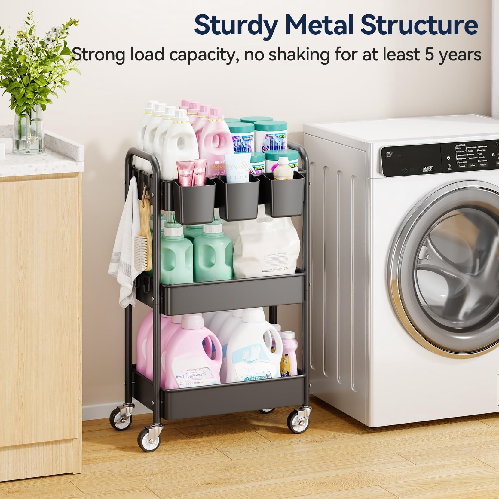 3 Tier Rolling Cart - Metal Utility Cart with Wheels, Hanging Cups, Hooks, Heavy Duty Mesh Rolling Storage Cart Organizer, Craft Cart for Kitchen Office, Lightweight and Sturdy