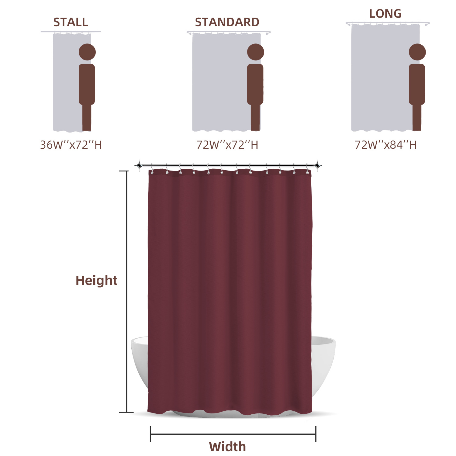Yiannan Waterproof Fabric Shower Curtain Liner with 3 Magnets,Machine Washable，Mold Resitant,72x72inch,Burgundy