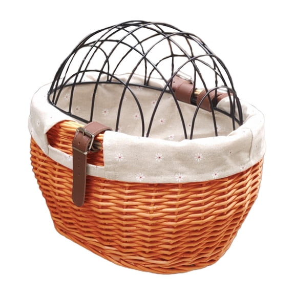 Wicker Bike Basket for Small Dogs Cats Pet Carrier Front Basket with Wire Mesh Cover