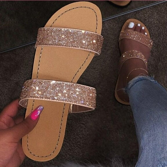 Rhinestone Slide Sandals Women Girls Dressy Low Wedge Sandal Summer Beach Cute Slip on Slippers Boho Glitter Open Toe Flat Sandals
