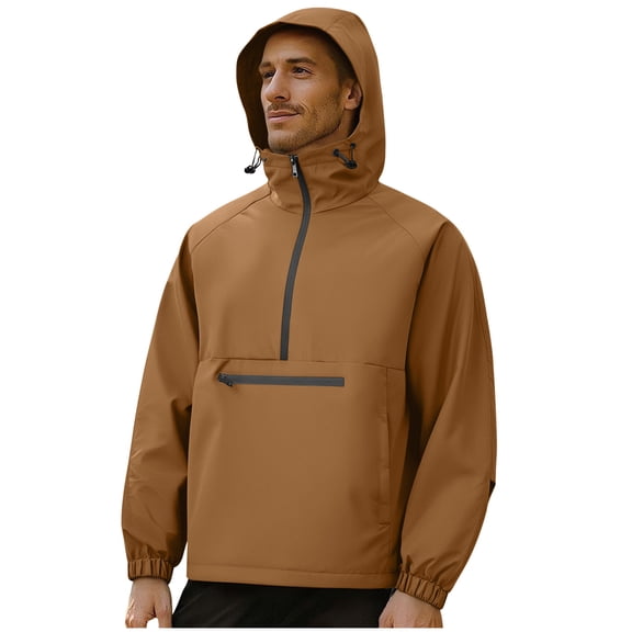 Men's Half-Zip Waterproof Jakcets Pullover Anorak Hooded Windbreaker Elastic Cuff Travel Hiking Jacket Coffee S