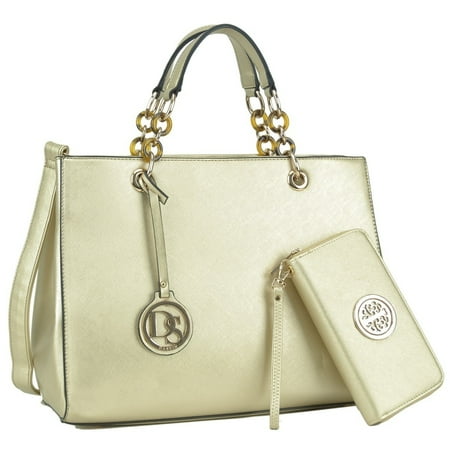 - Dasein Faux Saffiano Leather Chain Strap Satchel Handbag with Matching Wallet