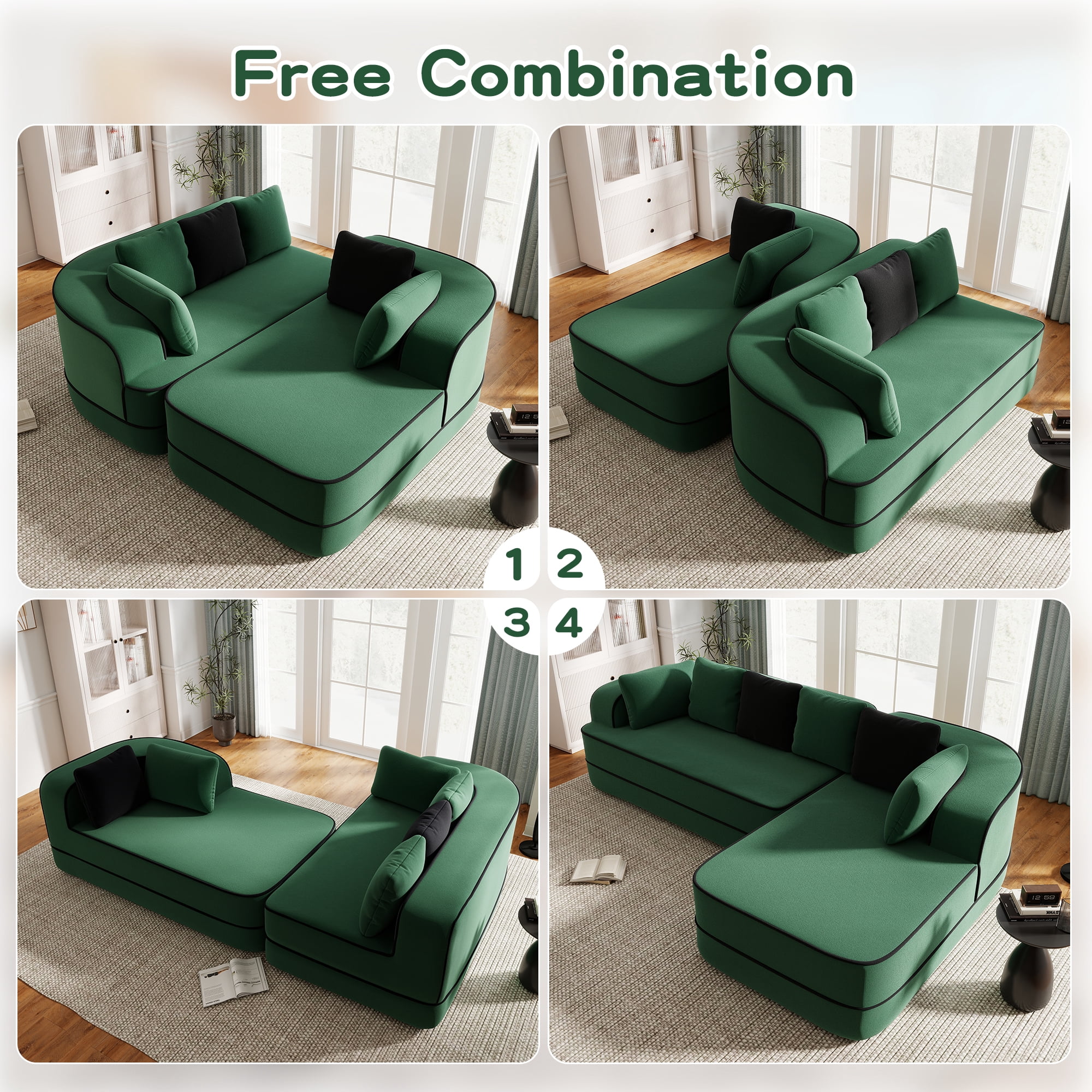 MAYEERTY 105.9" L-Shaped Teddy Fabric Boneless Sofa, Green 1200LBS Capacity 32D Foam No Assembly Couch with Chaise for Living Room