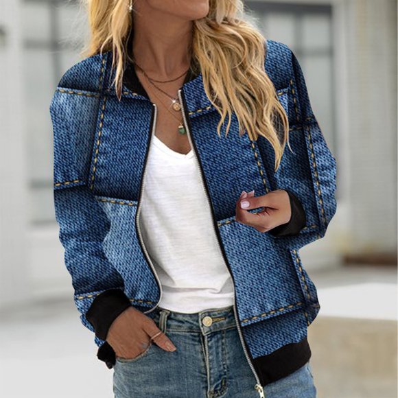 Aboser Women's Lightweight Bomber Jackets Trendy Faux Denim Printed Coats Casual Loose Long Sleeve Jacket Fall Fashion 2024 Outifts Windbreaker Jackets