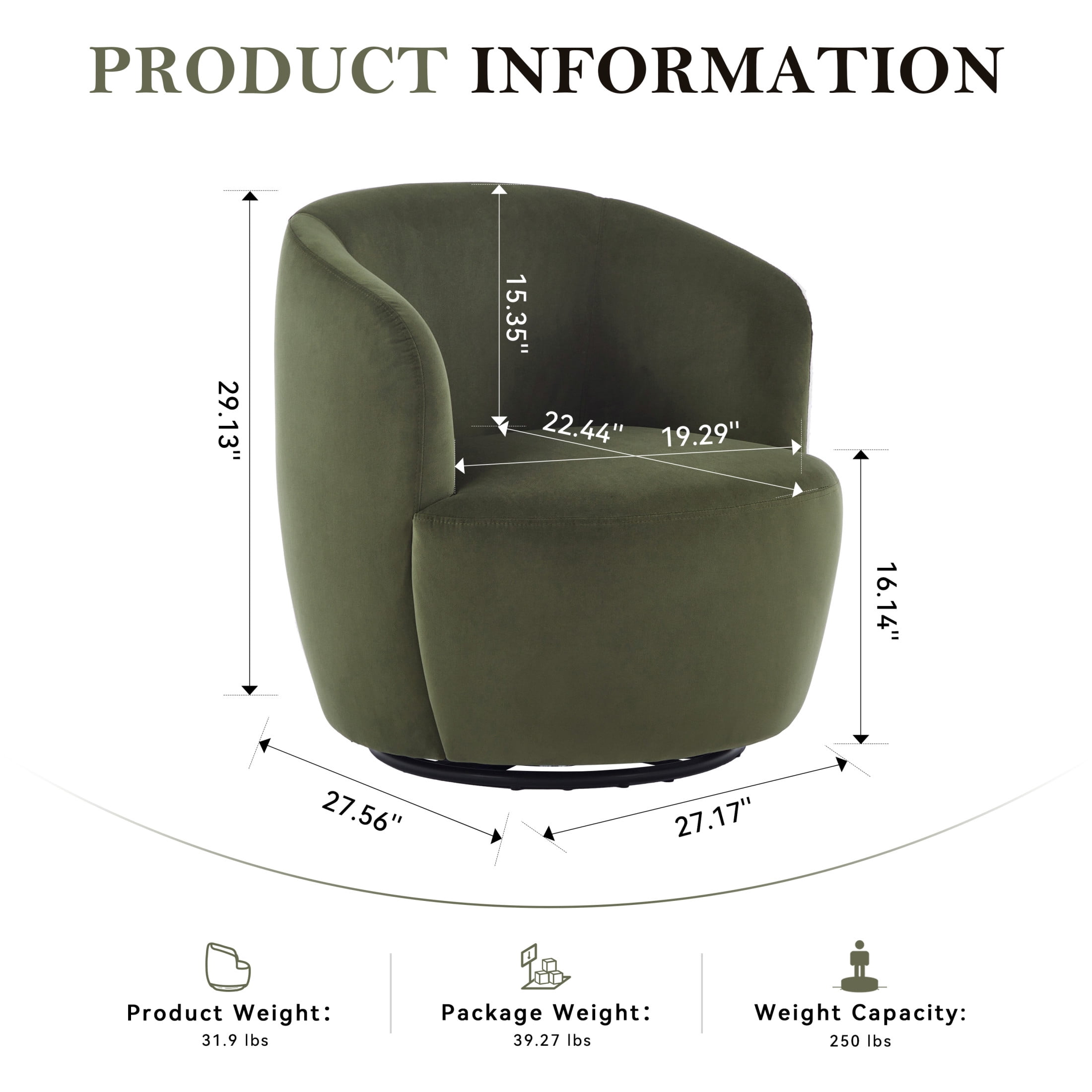 Noble House Valda Upholstered Velvet Barrel Chair, Swivel Reading Lounge Armchair with Metal Base for Bedroom, Green