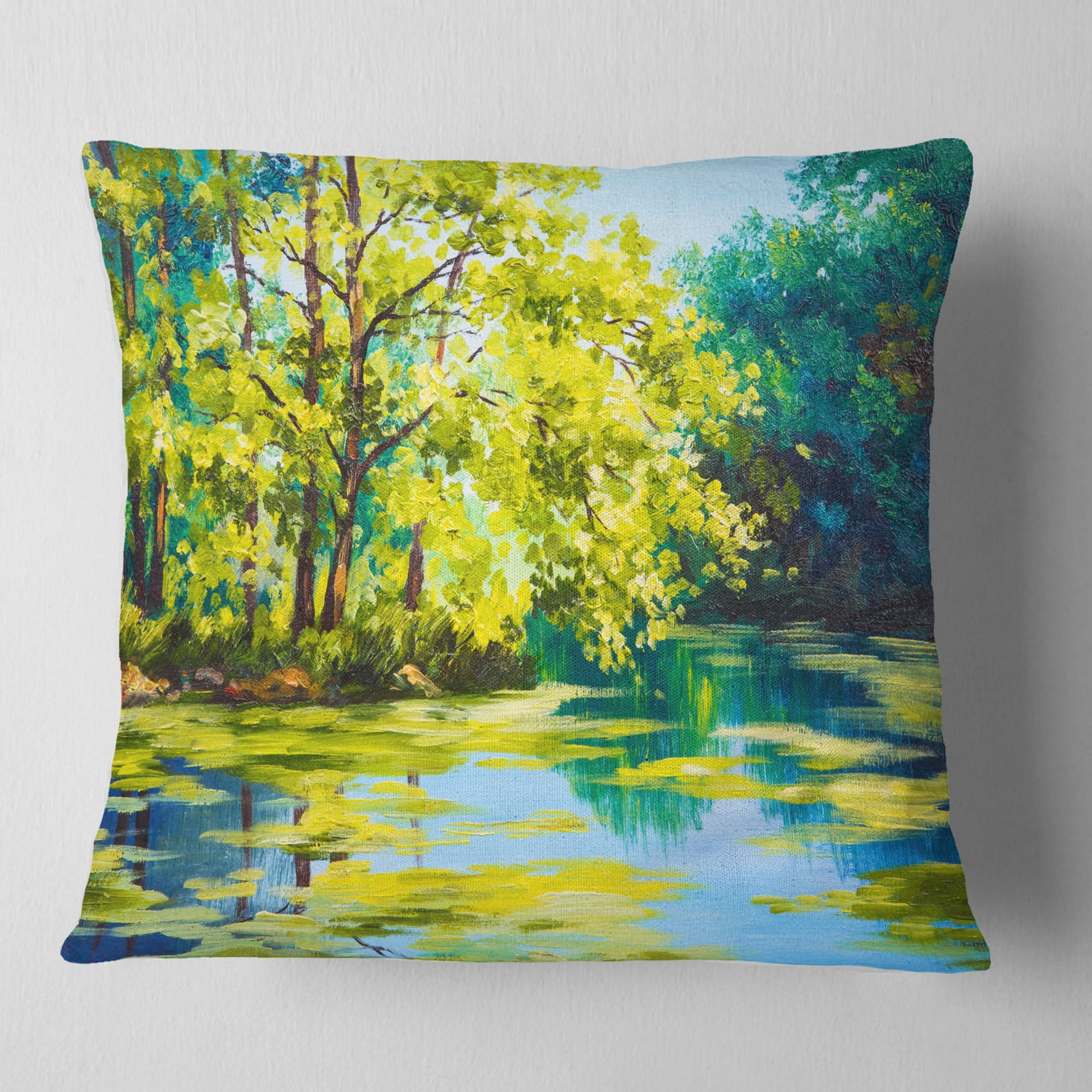 Designart Blue Lake Under Green Tree - Landscape Painting Throw Pillow - 16x16