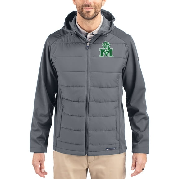 Men's Cutter & Buck Gray Marshall Thundering Herd Evoke Hybrid Eco Softshell Recycled Full Zip Hooded Jacket