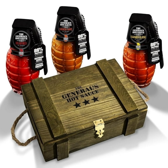 The General's Hot Sauce Military-Inspired Ammo Crate Gift Set with Cayenne and Habanero Peppers,  3-Pack (6oz Bottles)