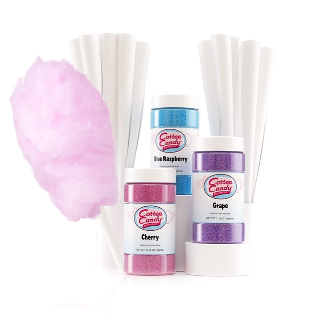 Cotton Candy Express Paquete variado de azúcar de hilo dental con tarros de plástico de 3 a 11 onzas de cereza, frambuesa azul y azúcar de uva más 50 conos de algodón de papel