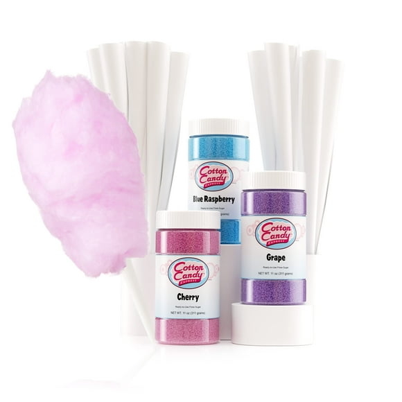 Cotton Candy Express Paquete variado de azúcar de hilo dental con tarros de plástico de 3 a 11 onzas de cereza, frambuesa azul y azúcar de uva más 50 conos de algodón de papel