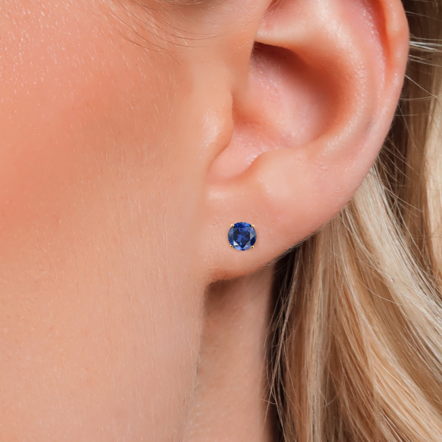 Gem Stone King 18K Yellow Gold Plated Silver Blue Created Sapphire Stud Earrings for Women | 0.50 Cttw | Gemstone September Birthstone | Round 4MM