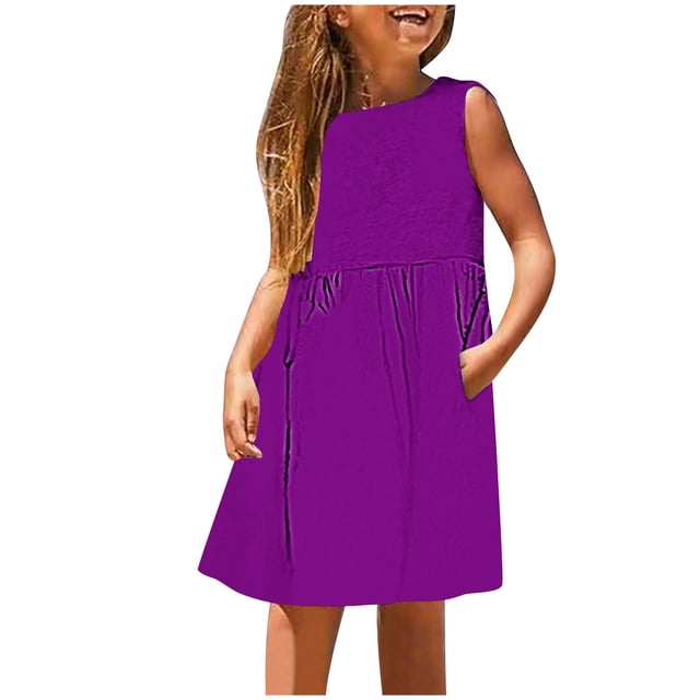 Huvoen Robe pour Filles Enfants Petites Filles Robe Quotidienne Vacances Imprimé Sans Manches Décontractée Mignonne Douce Robes Violet 9 Ans