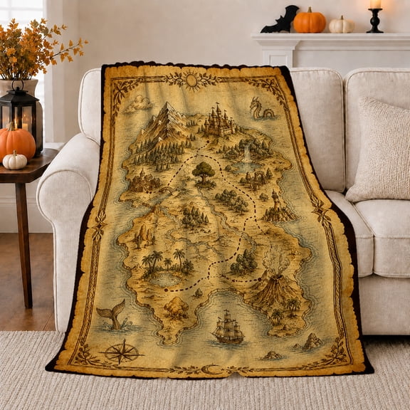 Vintage Fantasy Map Design, Peaceful Mountain Lake Scene, Warm Flannel Blanket for Cabin and Lodge with Detailed Artwork, Outdoor Lovers Camping Gift, Fantasy Home Decor
