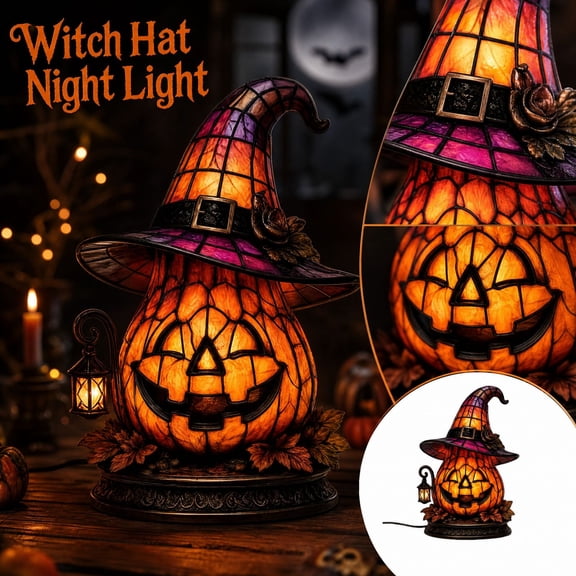 Ktlvex Halloween Pumpkin Table Lamp Stained Glass Style Witch Hat Night Light, Resin Jack O Lantern Lighting for Indoor Party Home Office Decoration