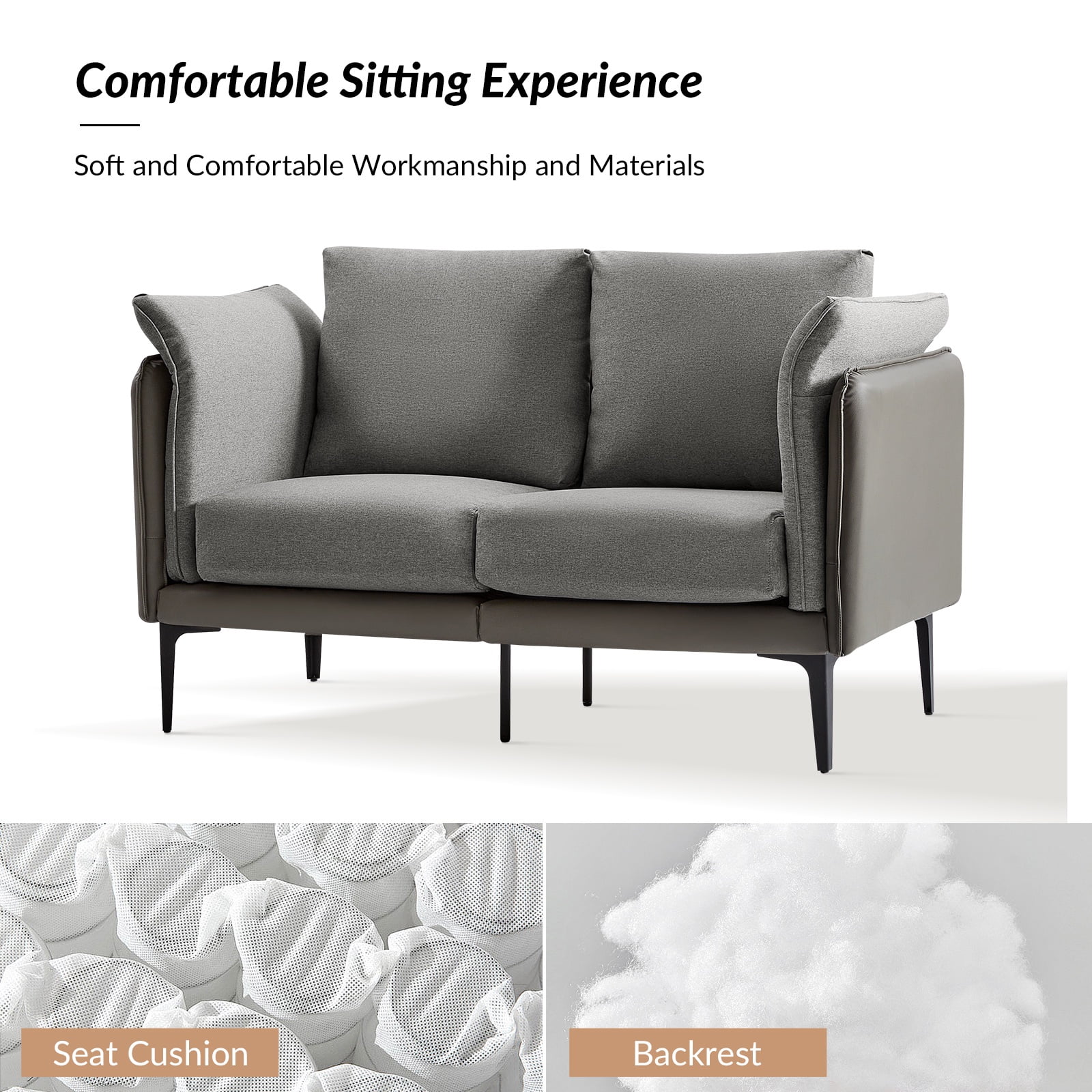 Modern Loveseat with Metal Legs Curved Arms Linen Leather Fabric Sofa for Living Room Grey