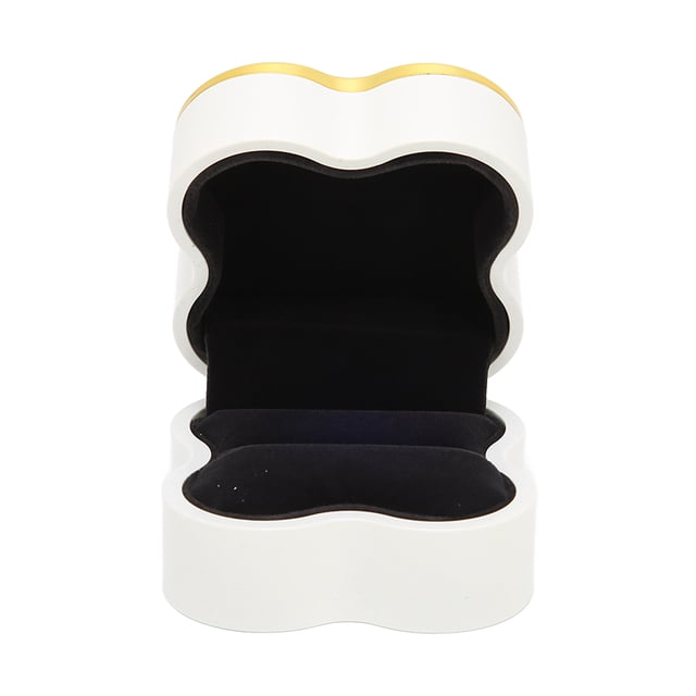Caja de anillos iluminada, flocado suave, luminoso, diseño de trébol de cuatro hojas, caja de regalo para exhibición de joyas, aniversarios de bodas, color blanco