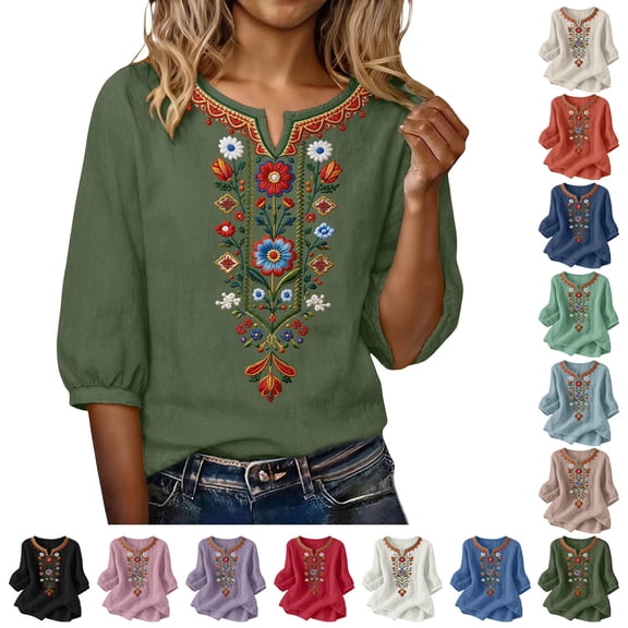 Favoffer Women's Washed Crinkle Linen Blend Shirt Boho Plus Size Embroidered Tunic 3/4 Sleeve V Neck Loose Peasant Top Elegant Summer Daily Travel Party Blouse