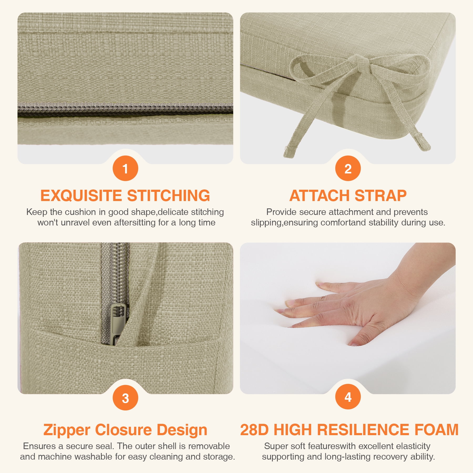 Favoyard Outdoor Cushion Set of 2, Rainproof & 3-Year Fade Resistant Patio Furniture Cushions with Removable Cover and Adjustable Ties for Garden